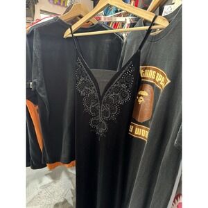 Vintage 90s Black Midi Velour Deep V Glitter Slit Formal Dress Size S/M